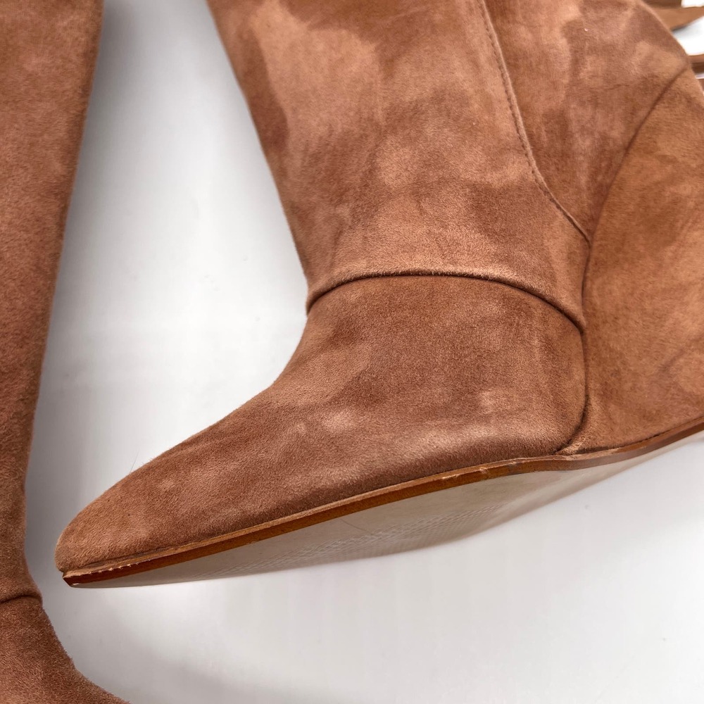 MARABELLE Suede Fringe Wedge Boot Womens 38 Brown Knee High Pointy Toe Pull On - Picture 7 of 16